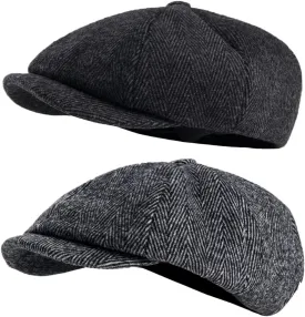 2 Pack Newsboy Cap Peaky Herringbone Baker Boy Flat Caps for Men Women (Black and Gery)