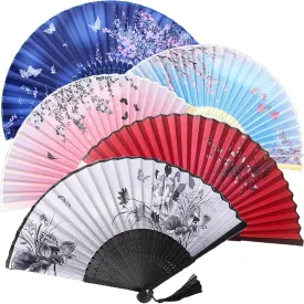5PCS Boots on the Ground Hand Fan, Line Dance Popping Fan, Fans for Line Dancing, Decorative Folding Fans, Chinese Vintage Retro Fabric Fans, For Performance, Dance, Wedding, Party & Gift (A)