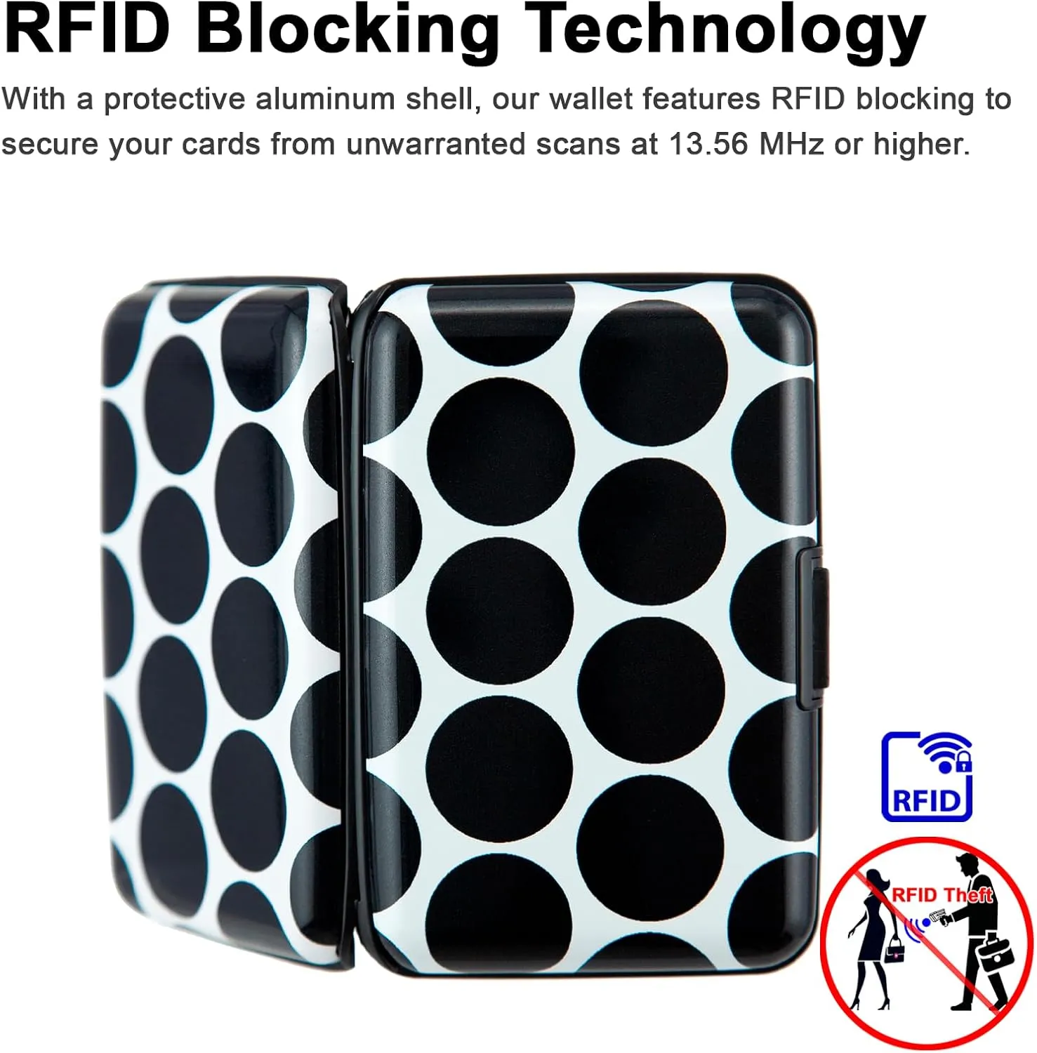 Credit Card Holder Wallet for Women Men RFID Blocking Small Metal Business Aluminum Protector Sleeves Slim Mini Cards Case (Black White Polka Dot)