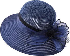 Crochet Organza Flower Straw Sun Hat for Women,French Derby Tea Party Hat Kentucky Church Hat Summer Beach Navy