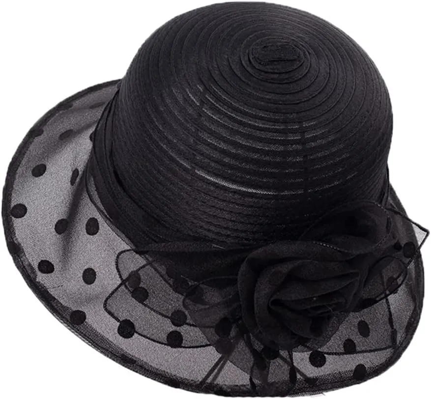 Disimlarl Summer Ladies Organza Polka Dot Flower Church Hats Breathable Wedding Fedora Hat for Women