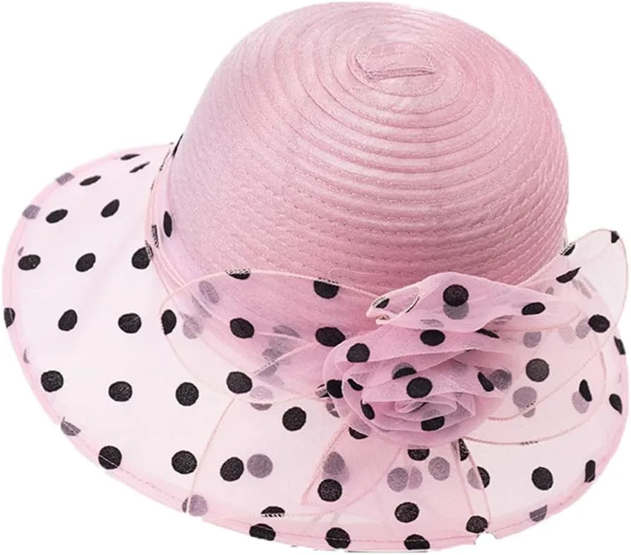 Disimlarl Summer Ladies Organza Polka Dot Flower Church Hats Breathable Wedding Fedora Hat for Women