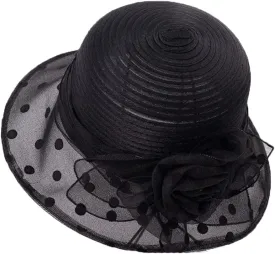 Disimlarl Summer Ladies Organza Polka Dot Flower Church Hats Breathable Wedding Fedora Hat for Women