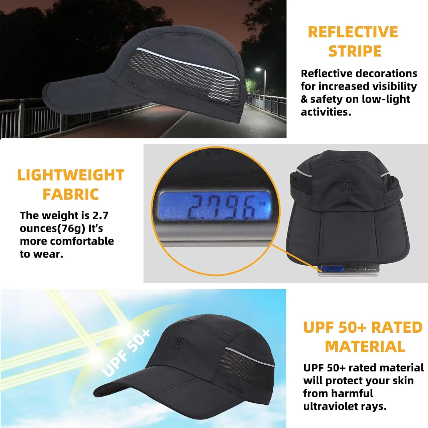 Folding UPF50  Sun Protection Hat, Quick Dry Baseball Cap Portable Adjustable Outdoor Sports Hats for Men, Women