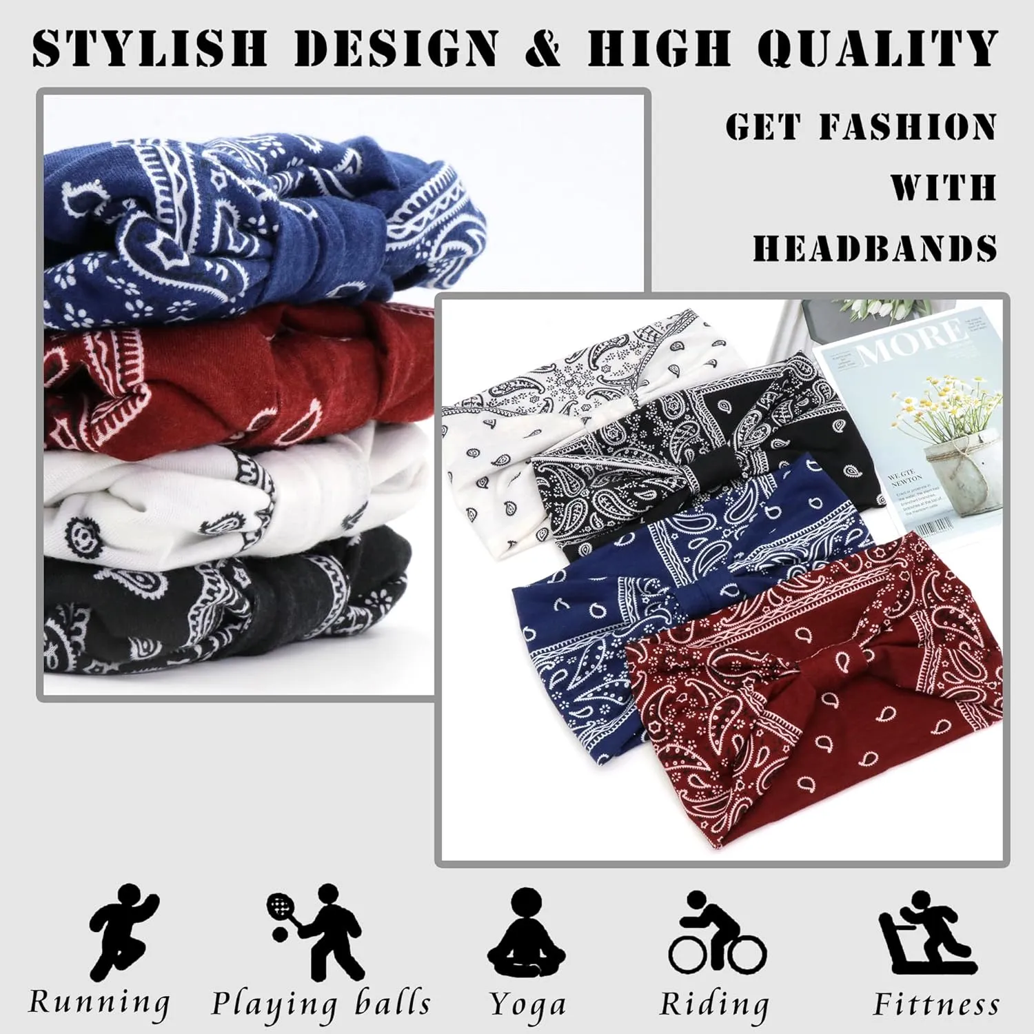 FULZTEY Wide Boho Headbands for Women Paisley Red Bandana Head Bands Non Slip Knotted Hairbands Elastic Sport Workout Headwraps Large African Thick Turban Fashion Hair Accessories 4Pcs