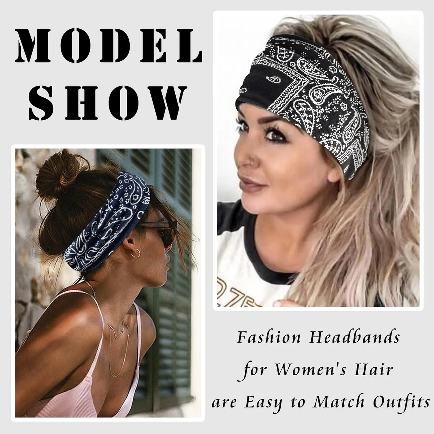 FULZTEY Wide Boho Headbands for Women Paisley Red Bandana Head Bands Non Slip Knotted Hairbands Elastic Sport Workout Headwraps Large African Thick Turban Fashion Hair Accessories 4Pcs