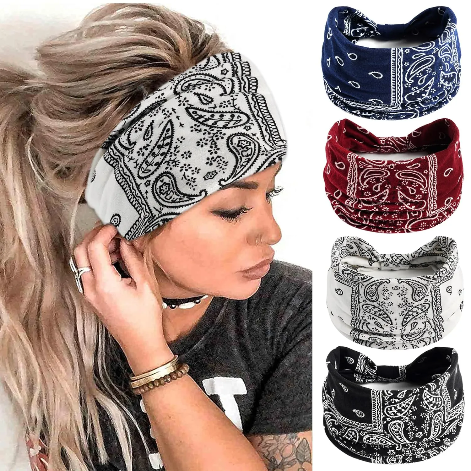 FULZTEY Wide Boho Headbands for Women Paisley Red Bandana Head Bands Non Slip Knotted Hairbands Elastic Sport Workout Headwraps Large African Thick Turban Fashion Hair Accessories 4Pcs