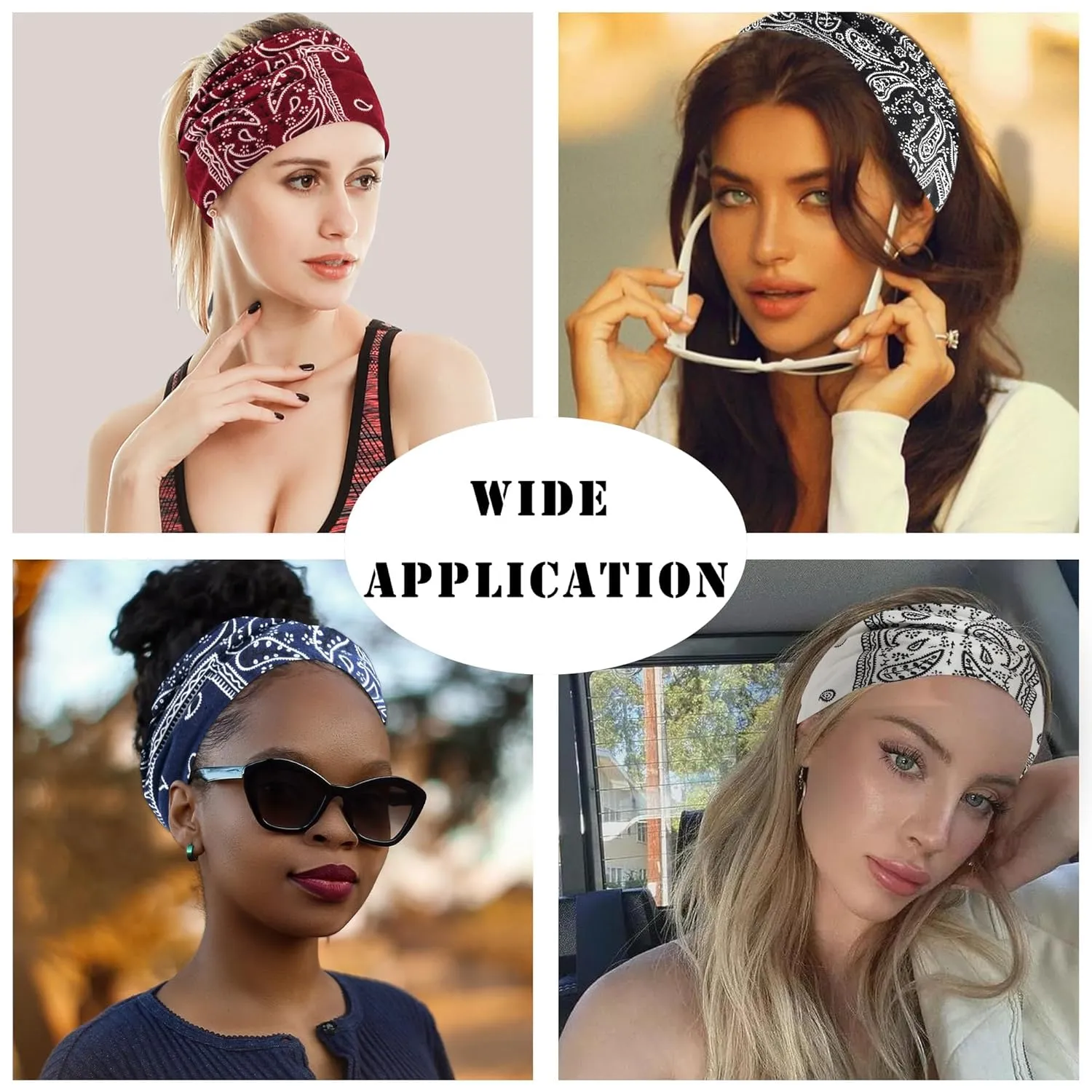 FULZTEY Wide Boho Headbands for Women Paisley Red Bandana Head Bands Non Slip Knotted Hairbands Elastic Sport Workout Headwraps Large African Thick Turban Fashion Hair Accessories 4Pcs