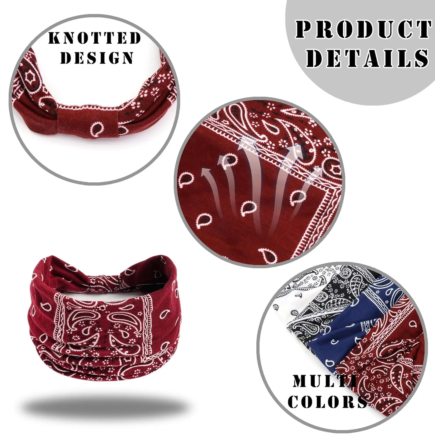 FULZTEY Wide Boho Headbands for Women Paisley Red Bandana Head Bands Non Slip Knotted Hairbands Elastic Sport Workout Headwraps Large African Thick Turban Fashion Hair Accessories 4Pcs