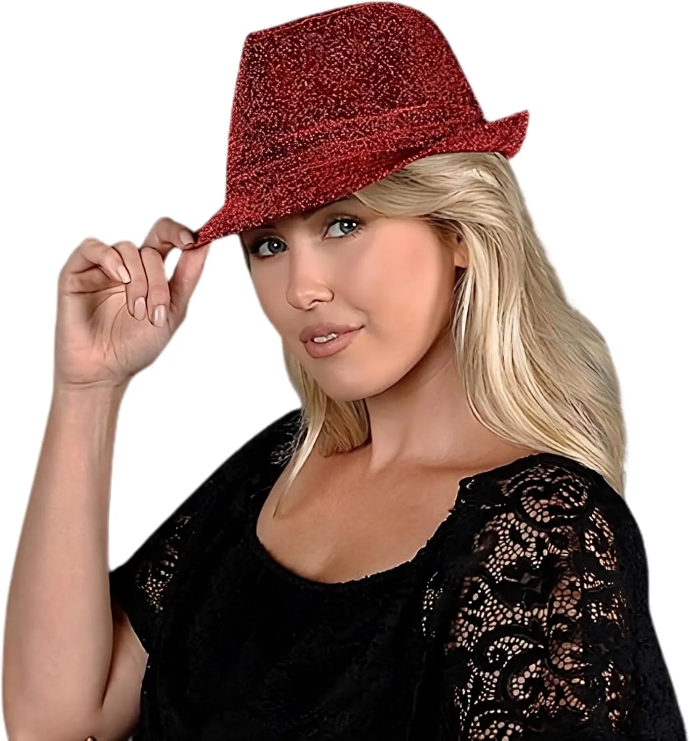 Glittery Finish Soft Red Fabric Fedora Hat Non Light Up