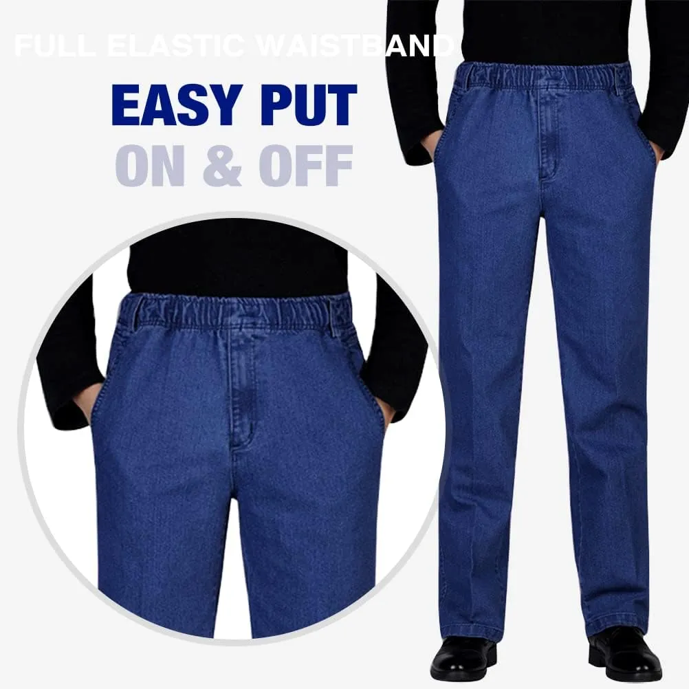 IDEALSANXUN Mens Elastic Waist Loose Fit Denim Pants Casual Solid Jeans Trouser