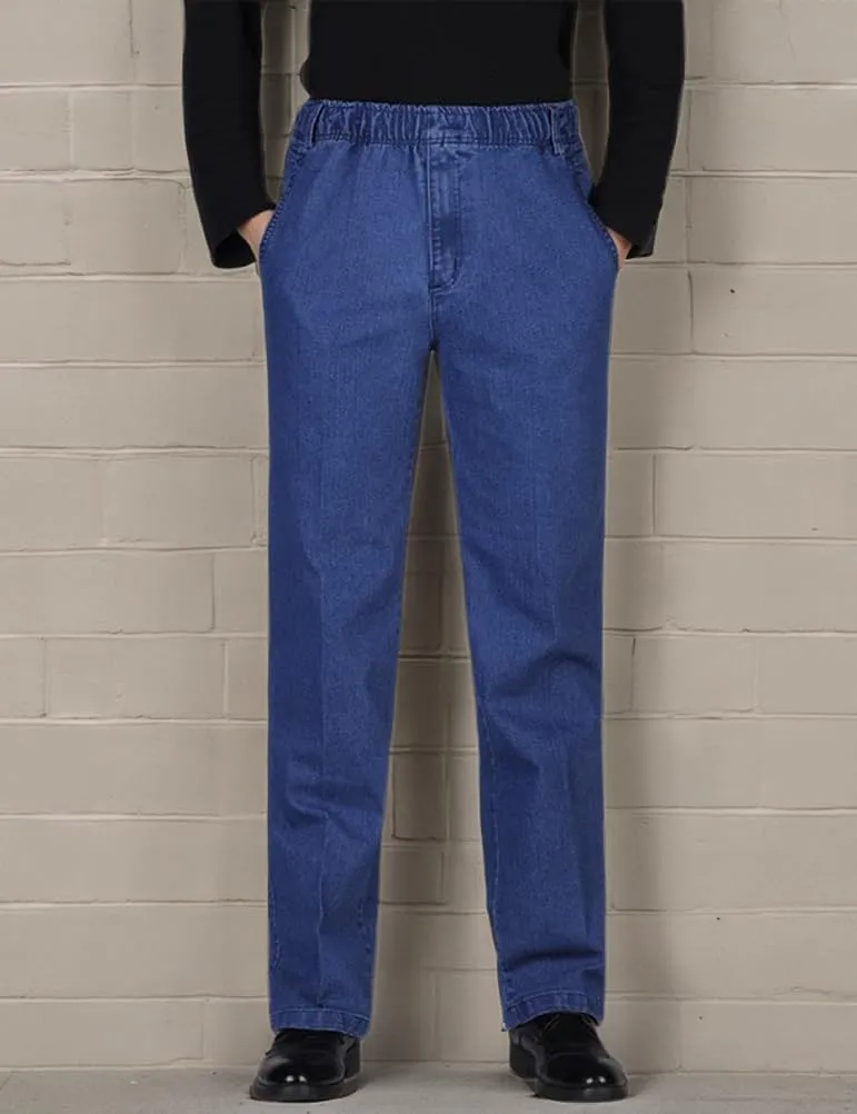 IDEALSANXUN Mens Elastic Waist Loose Fit Denim Pants Casual Solid Jeans Trouser