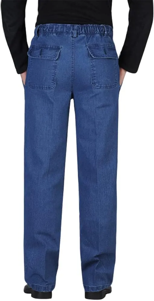 IDEALSANXUN Mens Elastic Waist Loose Fit Denim Pants Casual Solid Jeans Trouser