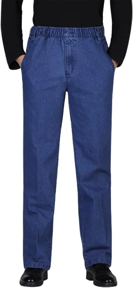 IDEALSANXUN Mens Elastic Waist Loose Fit Denim Pants Casual Solid Jeans Trouser