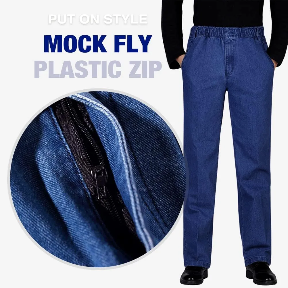 IDEALSANXUN Mens Elastic Waist Loose Fit Denim Pants Casual Solid Jeans Trouser
