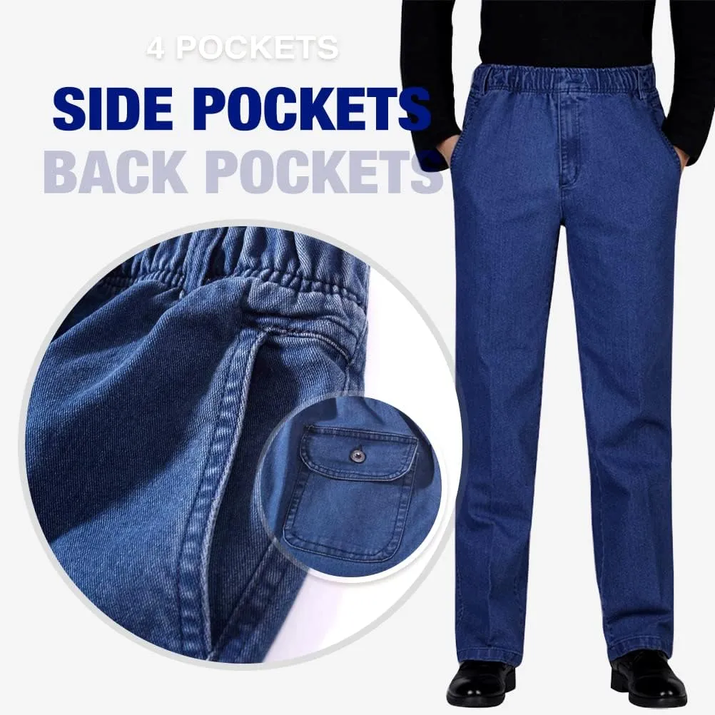 IDEALSANXUN Mens Elastic Waist Loose Fit Denim Pants Casual Solid Jeans Trouser