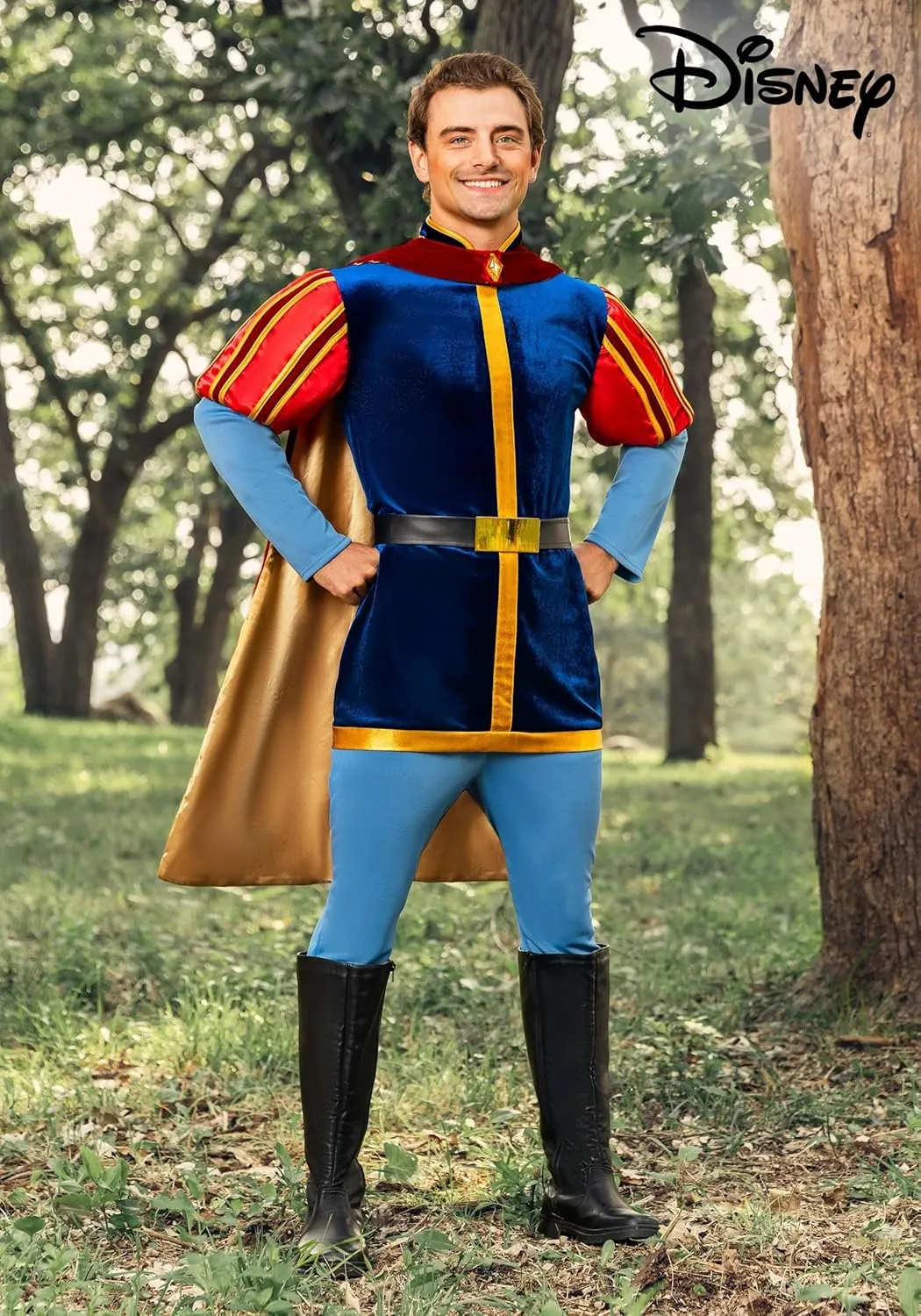 Mens Sleeping Beauty Prince Phillip Halloween Costume | Adult Prince Charming Outfit with Tunic, Pants, Cape, & Belt