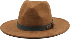 Men's Vintage Suede Fedora Wide Brim Fedora Hats for Women Men Panaman Jazz Cap with Pearls Belt