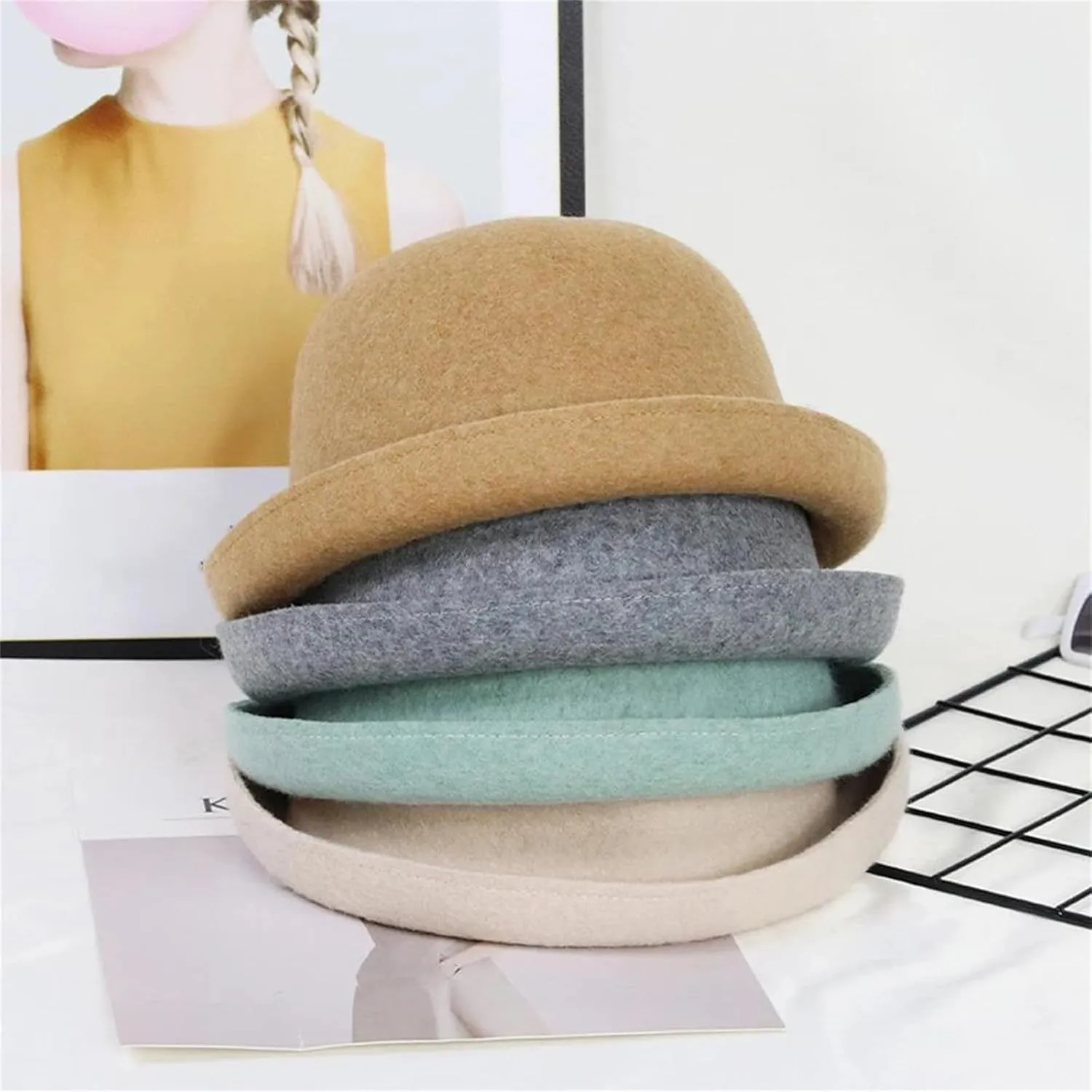 Mnjyihy Women Men Wool Dome Fedoras Hats Solid Color Jazz Cap Elegant Ladies Party Bowler Hats