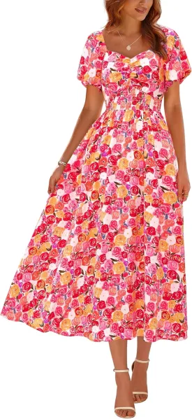 Okiwam Womens Summer Dresses 2025 Spring Floral Maxi Sundress Puff Sleeve Smocked Flowy Beach Vacation Wedding Guest Dress