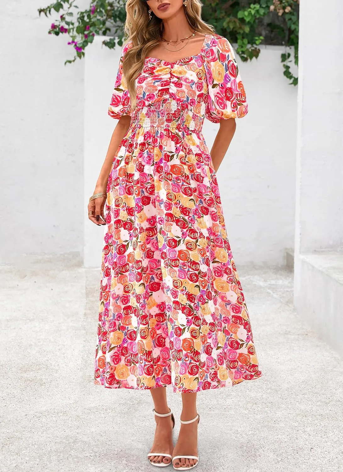 Okiwam Womens Summer Dresses 2025 Spring Floral Maxi Sundress Puff Sleeve Smocked Flowy Beach Vacation Wedding Guest Dress