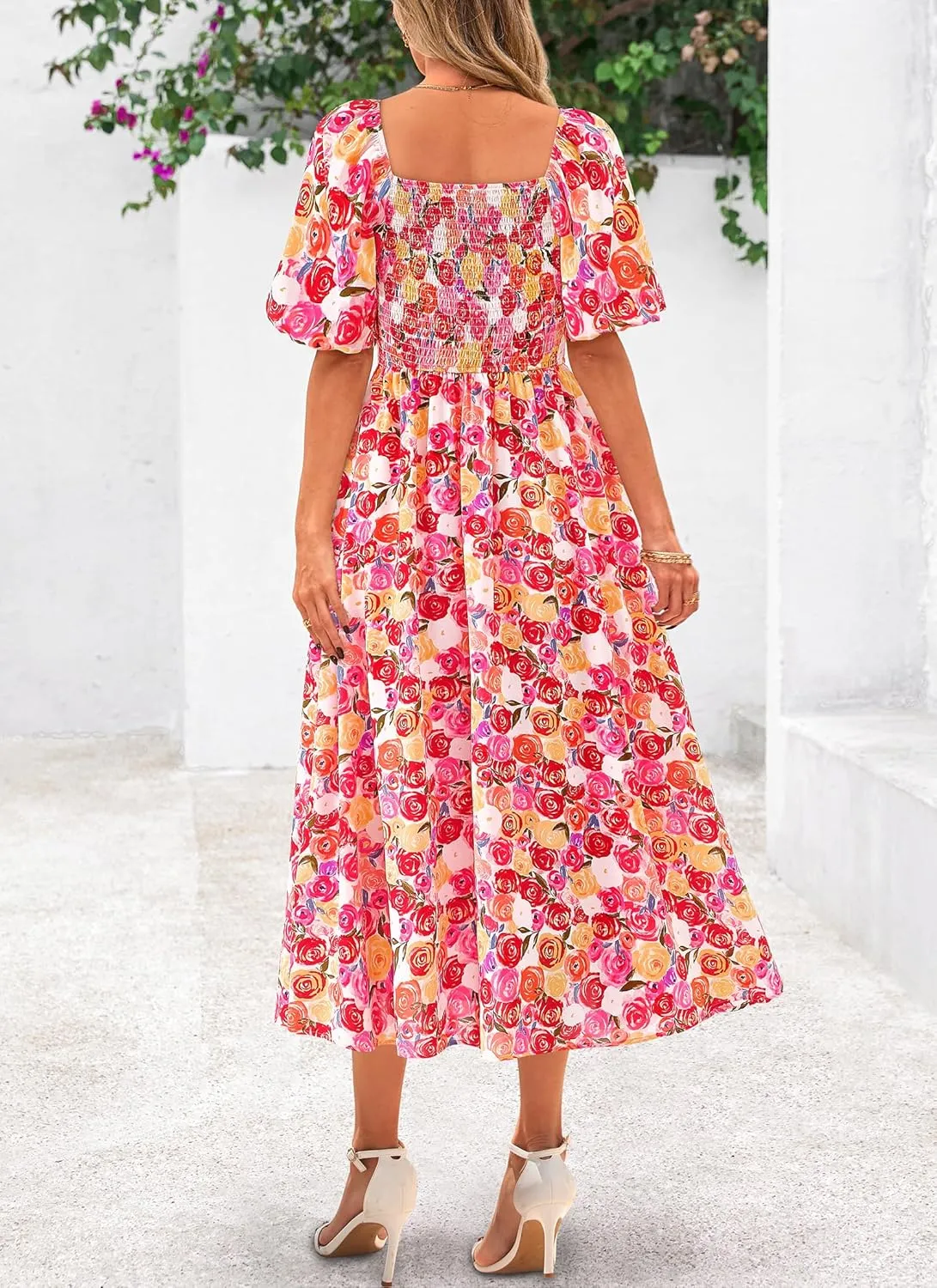 Okiwam Womens Summer Dresses 2025 Spring Floral Maxi Sundress Puff Sleeve Smocked Flowy Beach Vacation Wedding Guest Dress