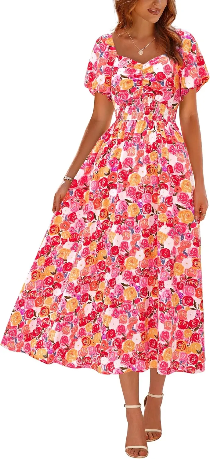 Okiwam Womens Summer Dresses 2025 Spring Floral Maxi Sundress Puff Sleeve Smocked Flowy Beach Vacation Wedding Guest Dress