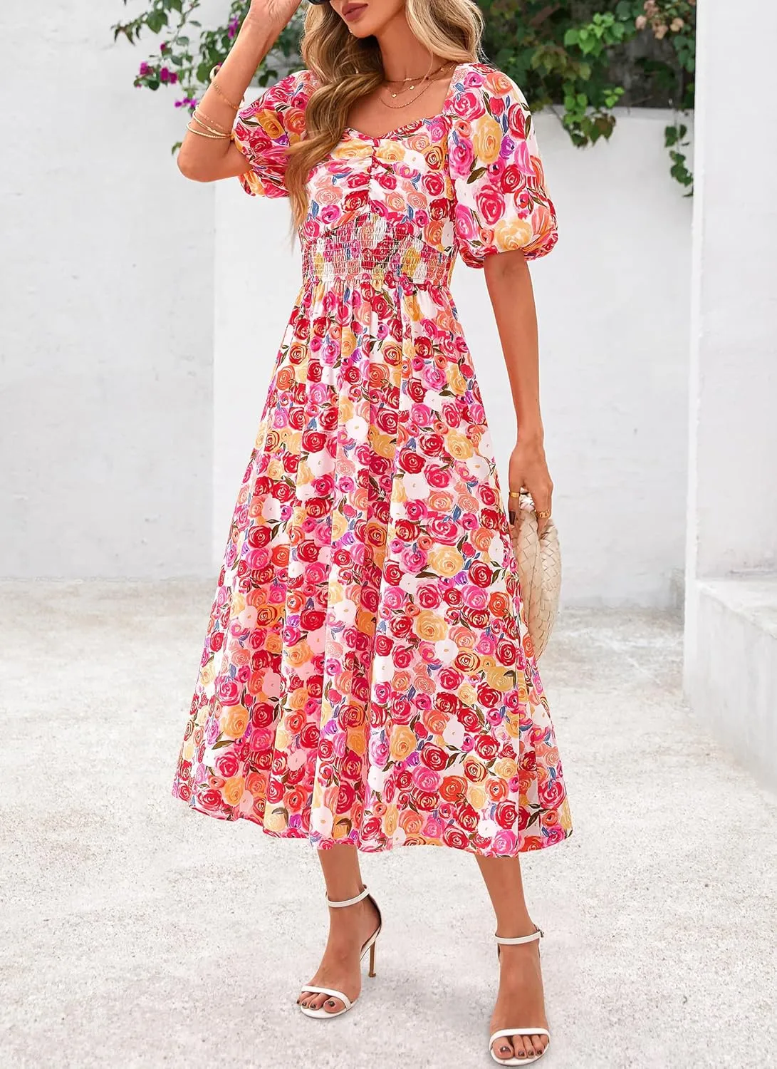 Okiwam Womens Summer Dresses 2025 Spring Floral Maxi Sundress Puff Sleeve Smocked Flowy Beach Vacation Wedding Guest Dress
