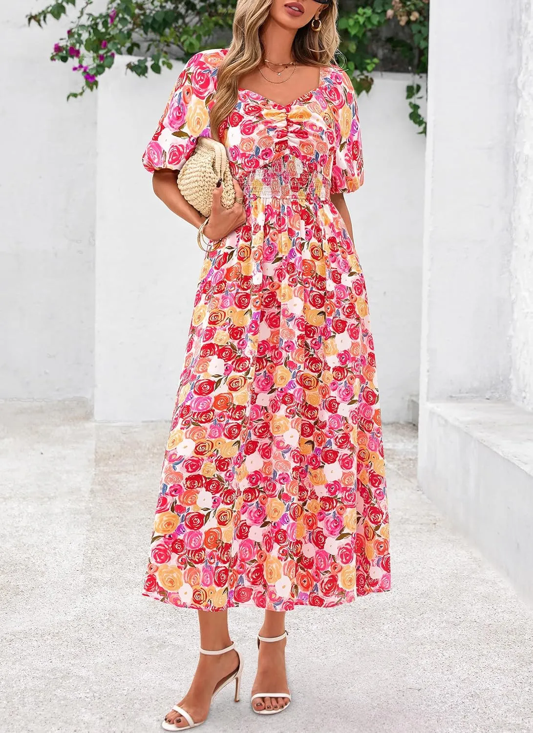 Okiwam Womens Summer Dresses 2025 Spring Floral Maxi Sundress Puff Sleeve Smocked Flowy Beach Vacation Wedding Guest Dress