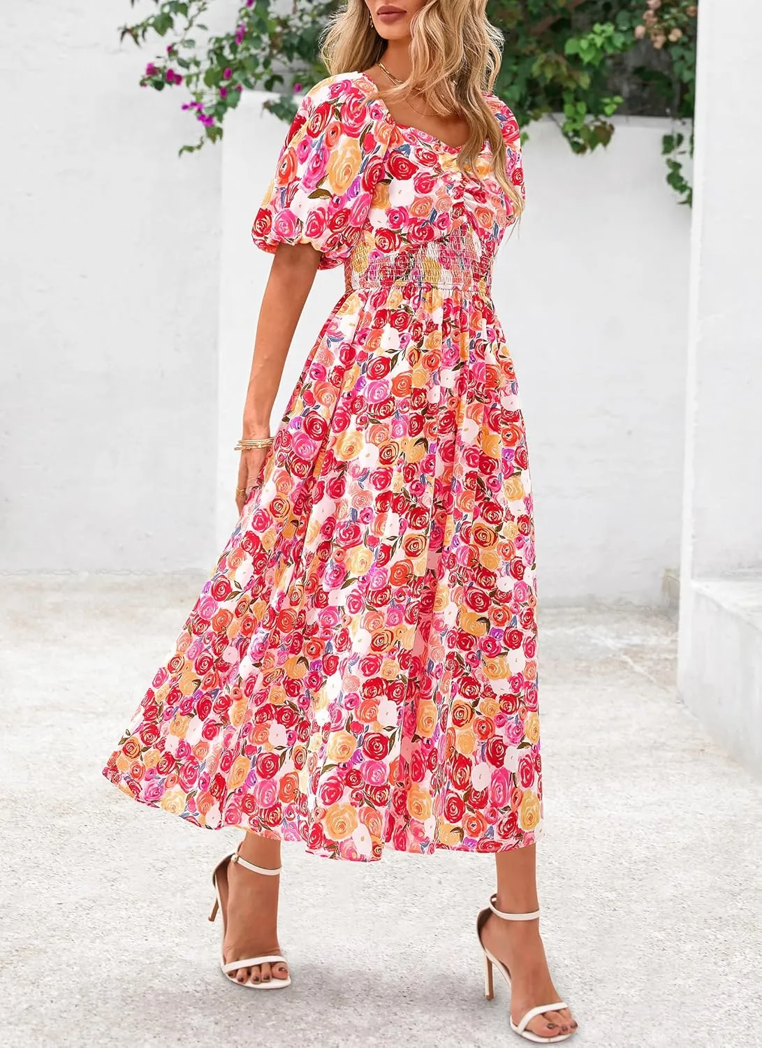 Okiwam Womens Summer Dresses 2025 Spring Floral Maxi Sundress Puff Sleeve Smocked Flowy Beach Vacation Wedding Guest Dress