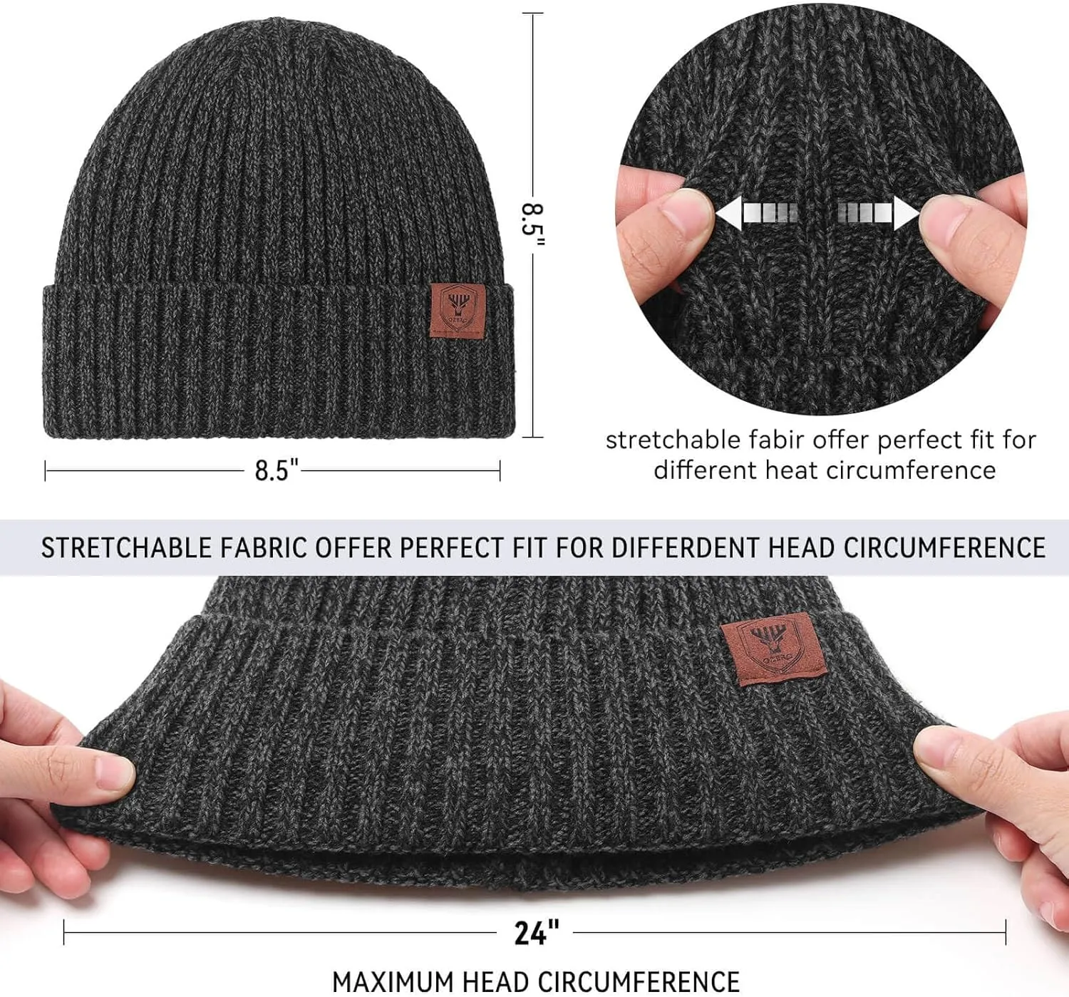 OZERO Knit Beanie Winter Hat, Thermal Thick Polar Fleece Snow Skull Cap for Men and Women