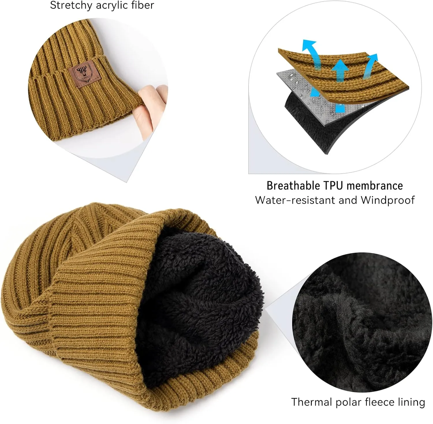 OZERO Knit Beanie Winter Hat, Thermal Thick Polar Fleece Snow Skull Cap for Men and Women