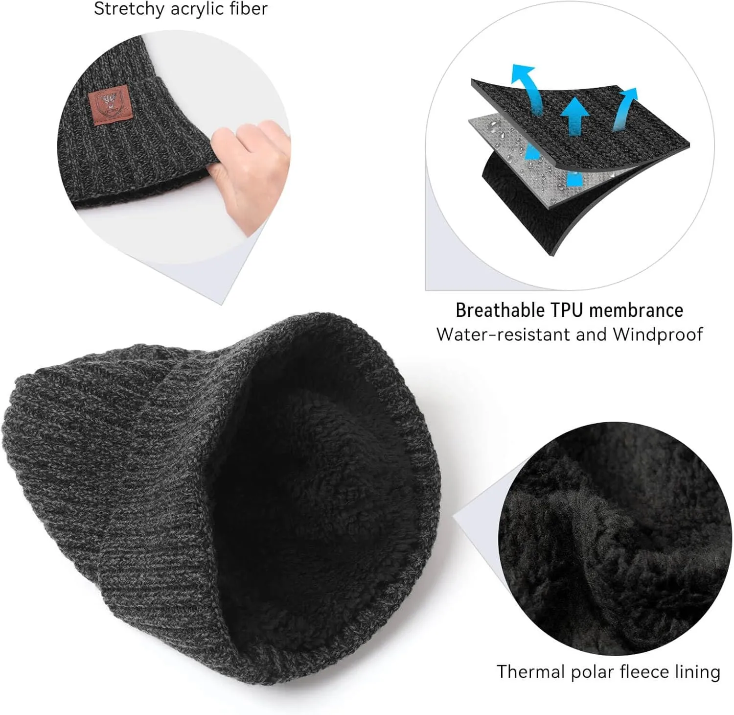 OZERO Knit Beanie Winter Hat, Thermal Thick Polar Fleece Snow Skull Cap for Men and Women