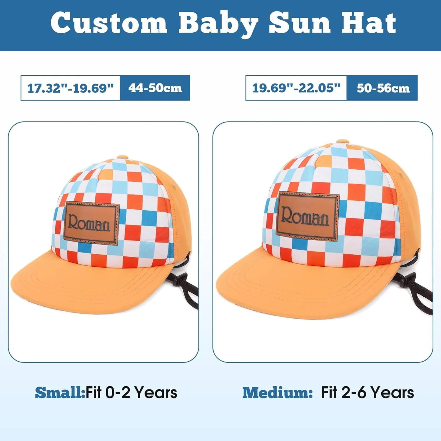 Personalized Baby Sun Hats, Leather Patch Toddler Baseball Cap, Adjustable Chin Strap Trucker Hat for Infant Boys Girls