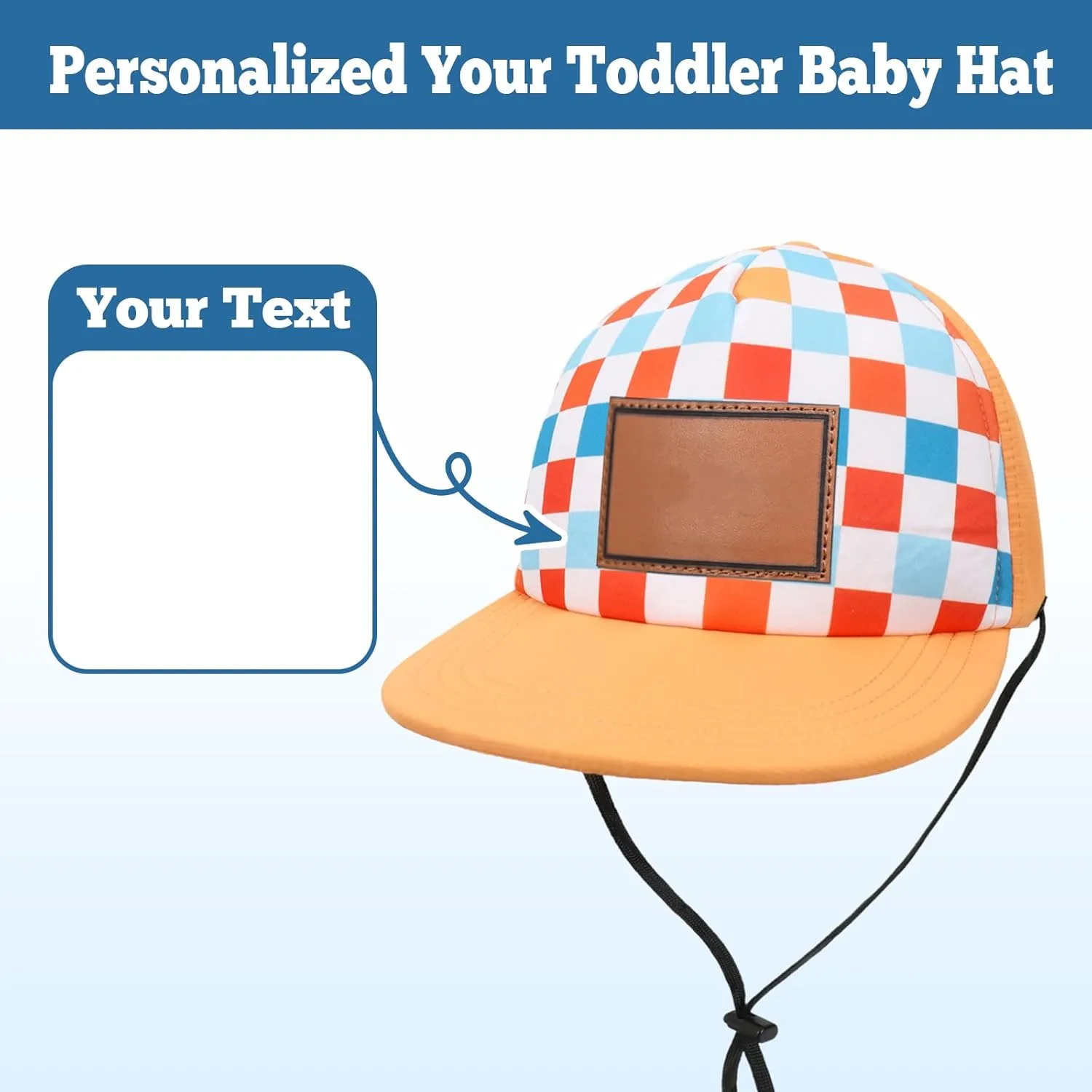 Personalized Baby Sun Hats, Leather Patch Toddler Baseball Cap, Adjustable Chin Strap Trucker Hat for Infant Boys Girls