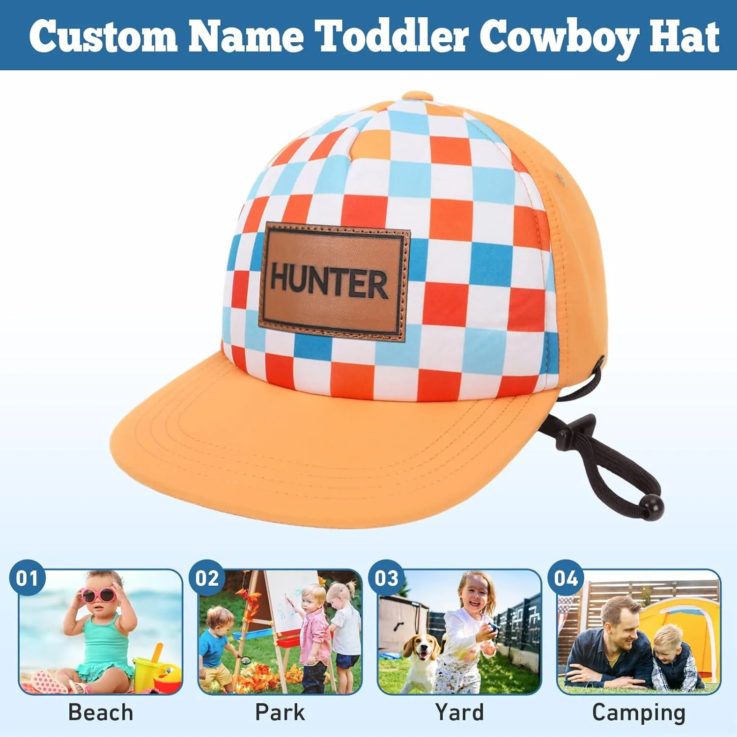 Personalized Baby Sun Hats, Leather Patch Toddler Baseball Cap, Adjustable Chin Strap Trucker Hat for Infant Boys Girls