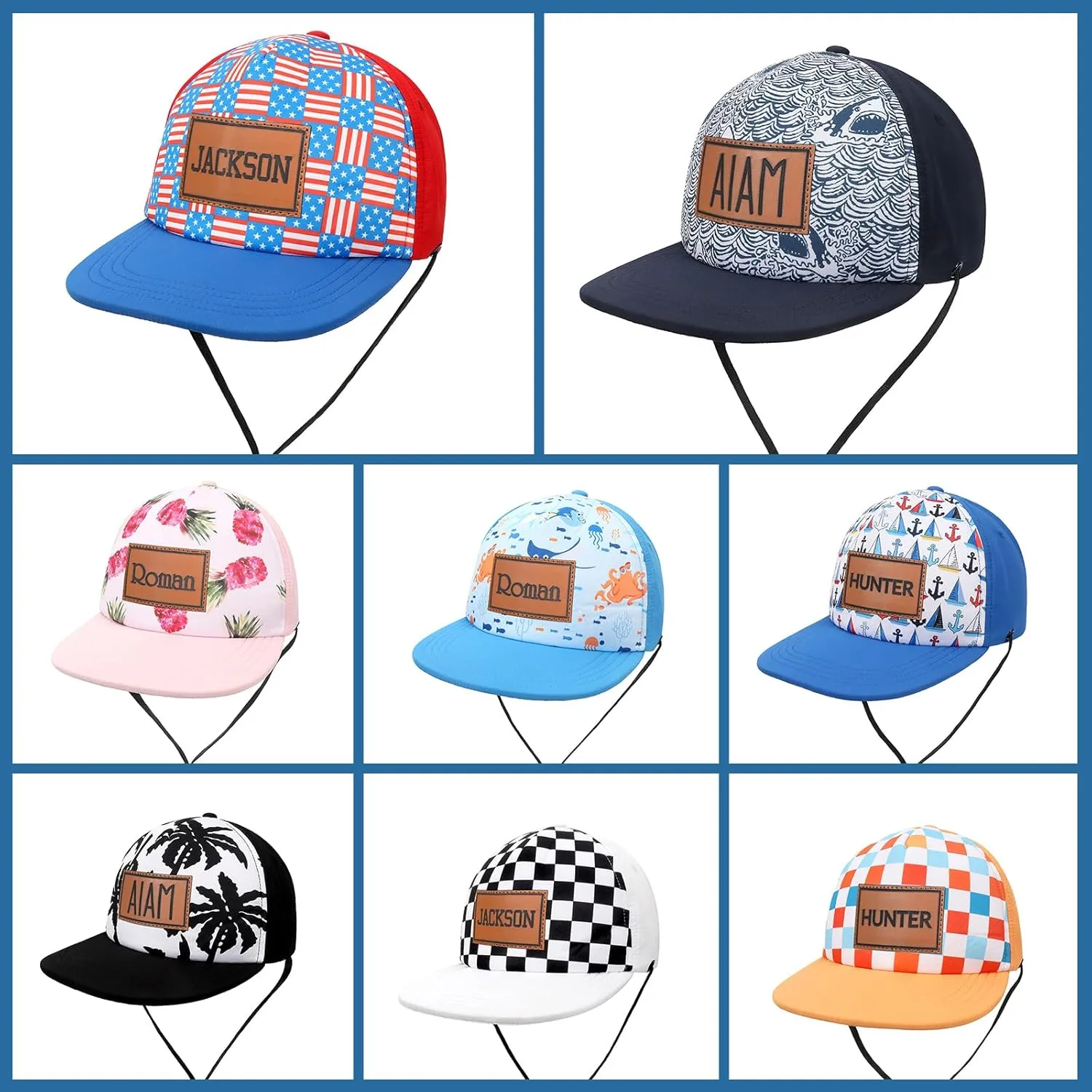 Personalized Baby Sun Hats, Leather Patch Toddler Baseball Cap, Adjustable Chin Strap Trucker Hat for Infant Boys Girls