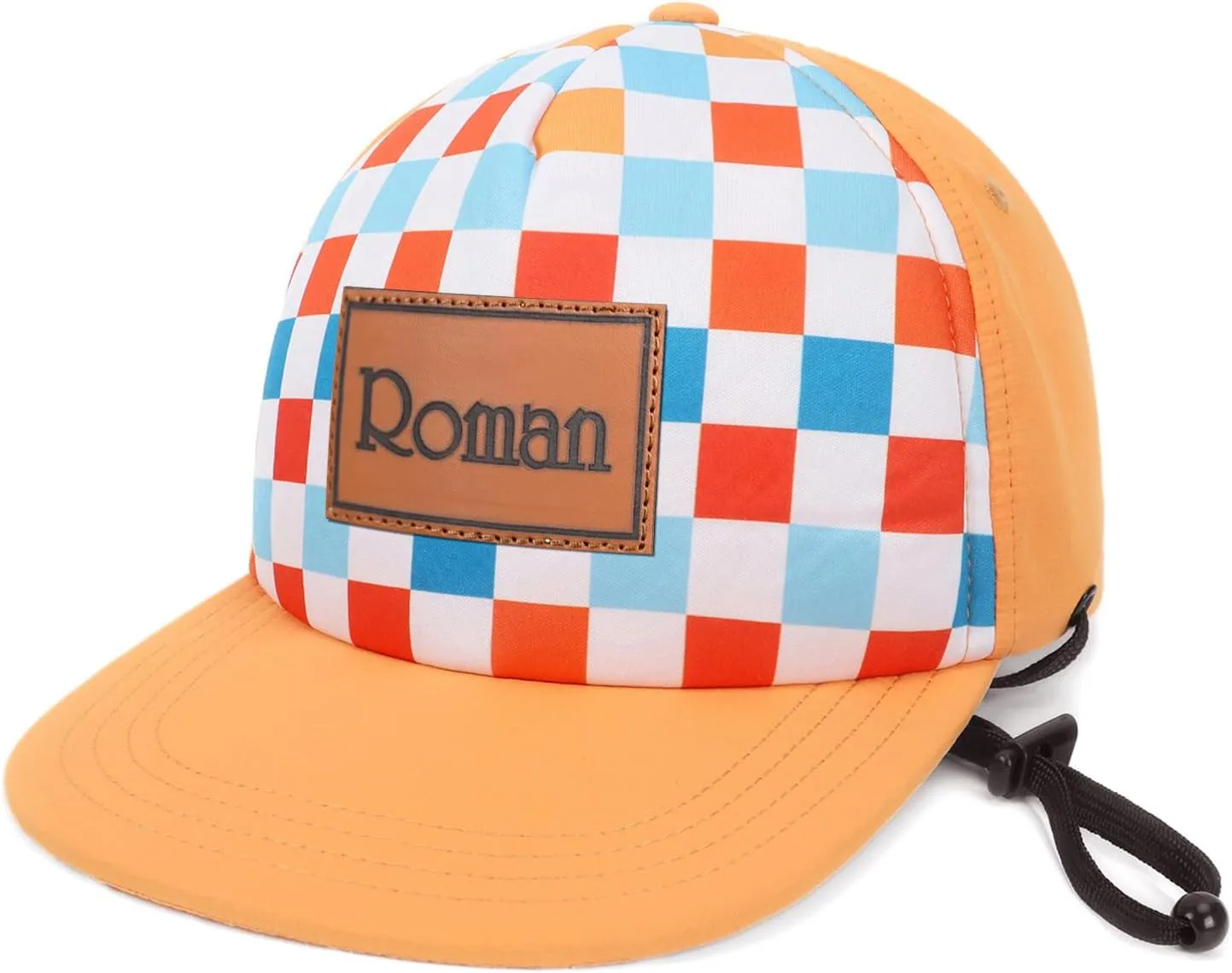 Personalized Baby Sun Hats, Leather Patch Toddler Baseball Cap, Adjustable Chin Strap Trucker Hat for Infant Boys Girls
