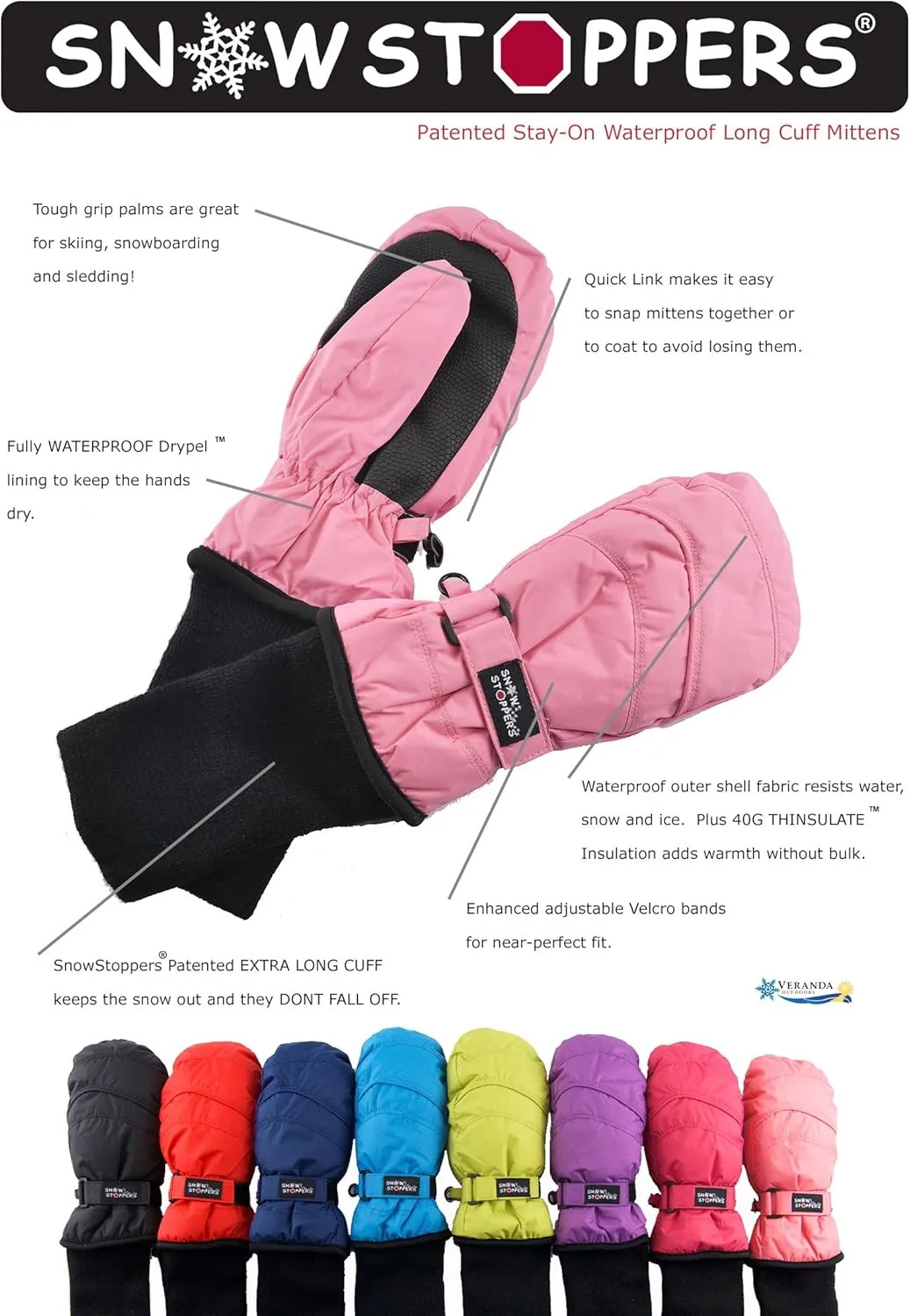 SnowStoppers Kids Waterproof Long Cuff Winter Mittens