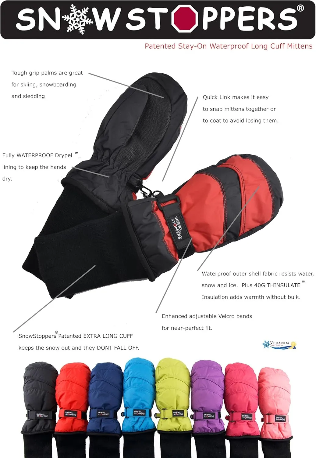 SnowStoppers Kids Waterproof Long Cuff Winter Mittens