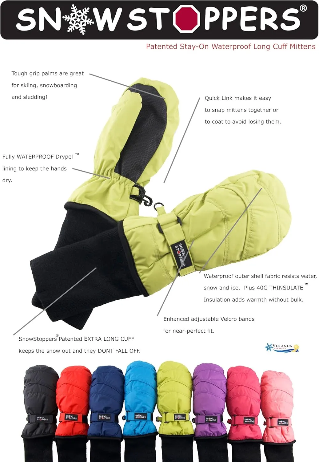 SnowStoppers Kids Waterproof Long Cuff Winter Mittens