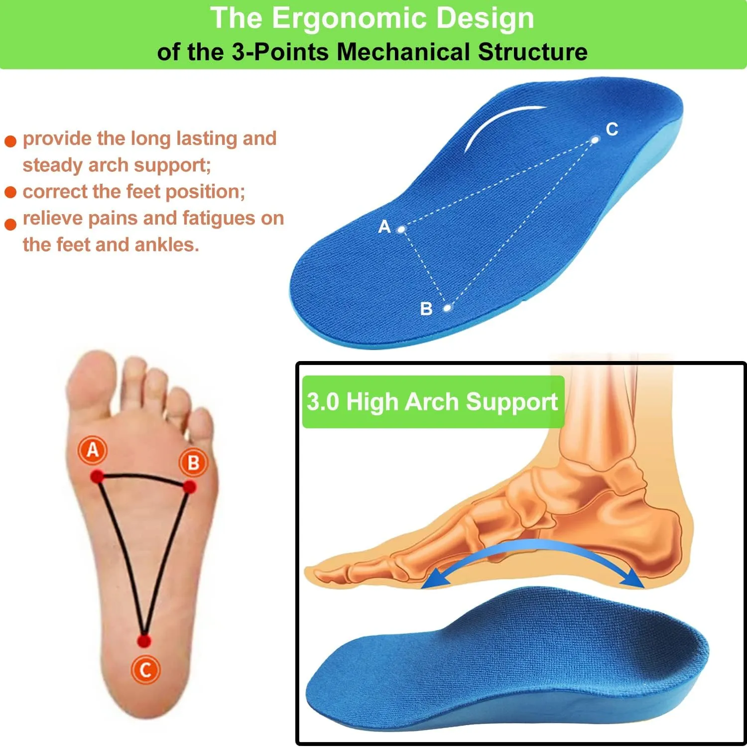 Sports Shoe Insoles for Kids High Arch Support Insoles with Gel for Flat Feet Thick Foam Insoles for Odor Eaters Orthopedic Shoe Replacement Inserts for Boys and Girls