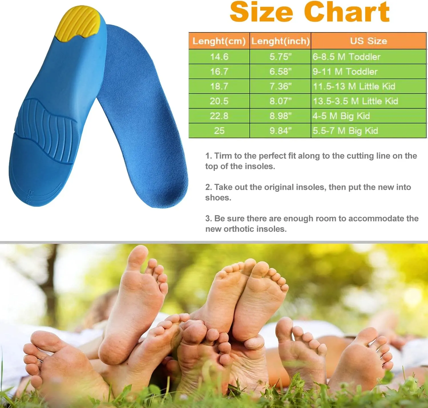 Sports Shoe Insoles for Kids High Arch Support Insoles with Gel for Flat Feet Thick Foam Insoles for Odor Eaters Orthopedic Shoe Replacement Inserts for Boys and Girls
