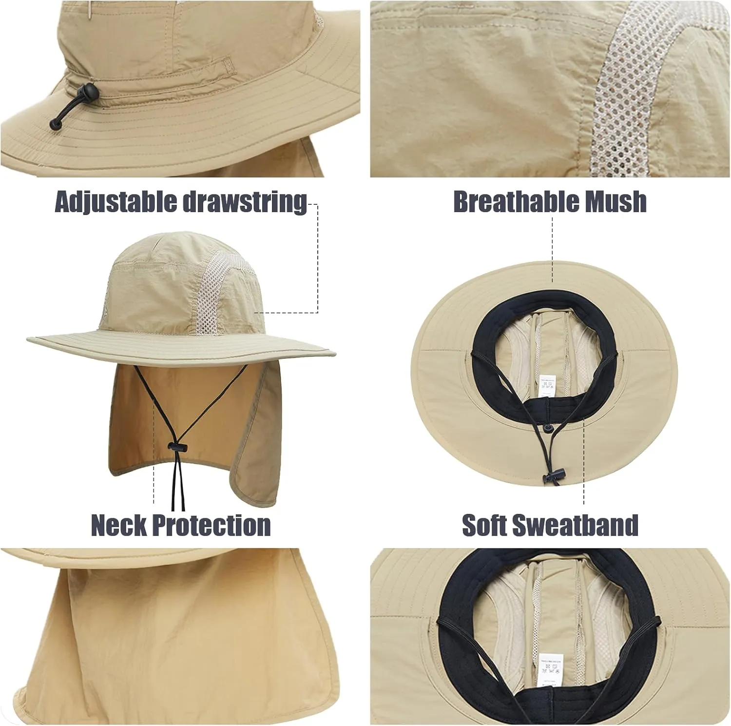 Spring Sun Hat with UPF 50  Unisex Fishing Hat Neck Flap Boonie Hat Bucket Hat