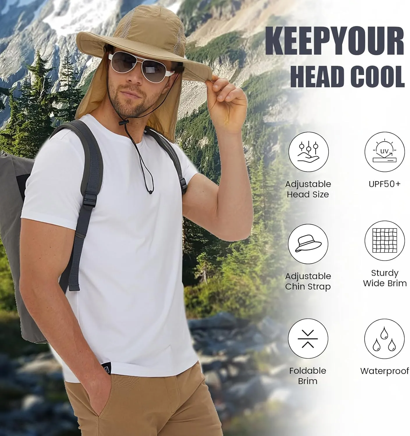 Spring Sun Hat with UPF 50  Unisex Fishing Hat Neck Flap Boonie Hat Bucket Hat