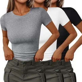 SUNBS 3 Pack Womens Short Sleeve Shirts Ribbed Knit Slim Fitted T-Shirt Summer Basic Tee 2025 Tops