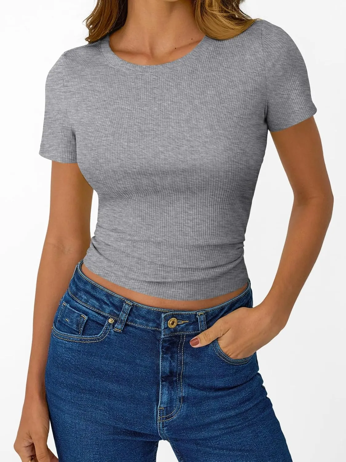 SUNBS 3 Pack Womens Short Sleeve Shirts Ribbed Knit Slim Fitted T-Shirt Summer Basic Tee 2025 Tops