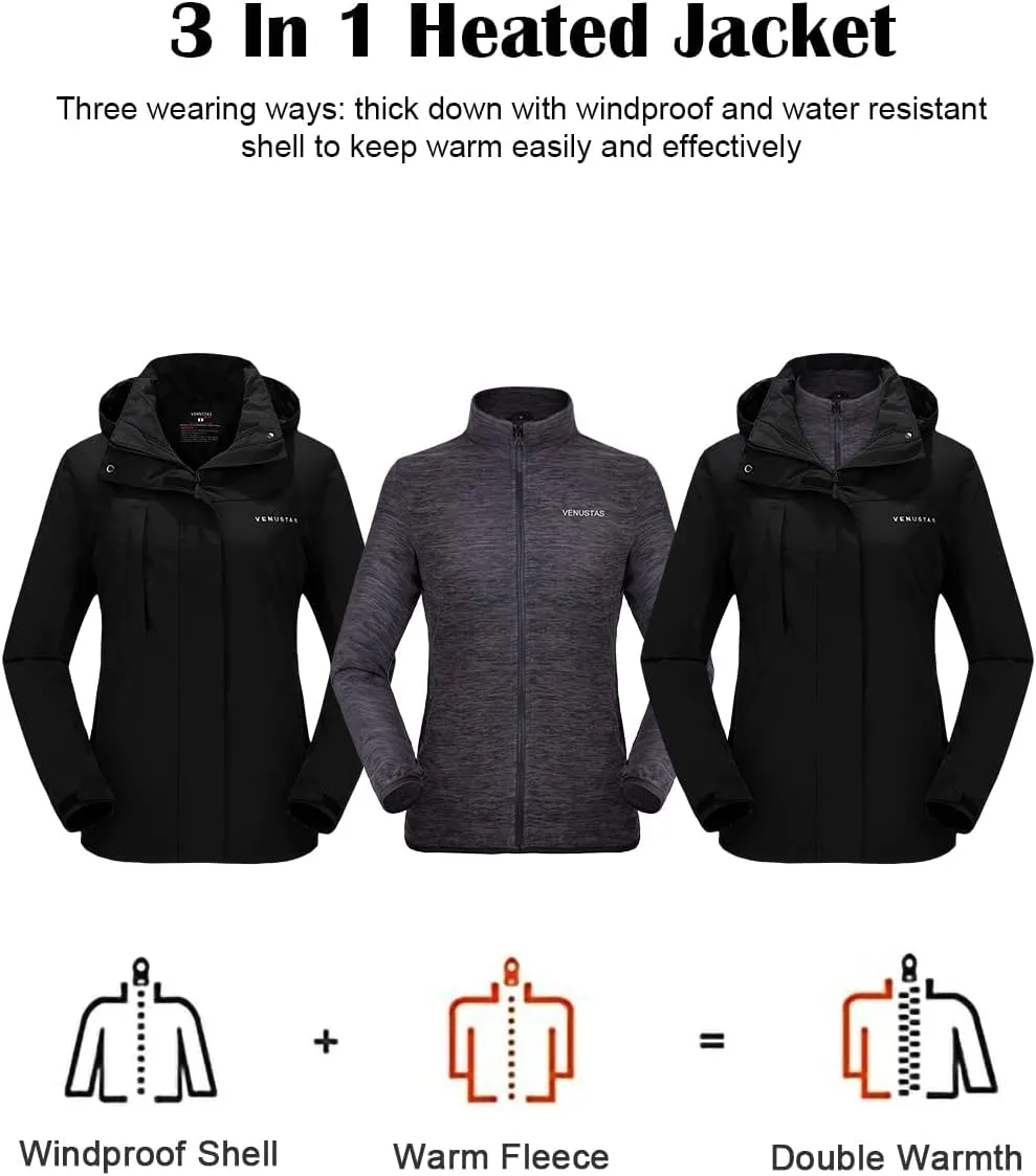 Venustas Womens 3-in-1 Heated Jacket with Battery, Waterproof Jacket with Hood for Skiing