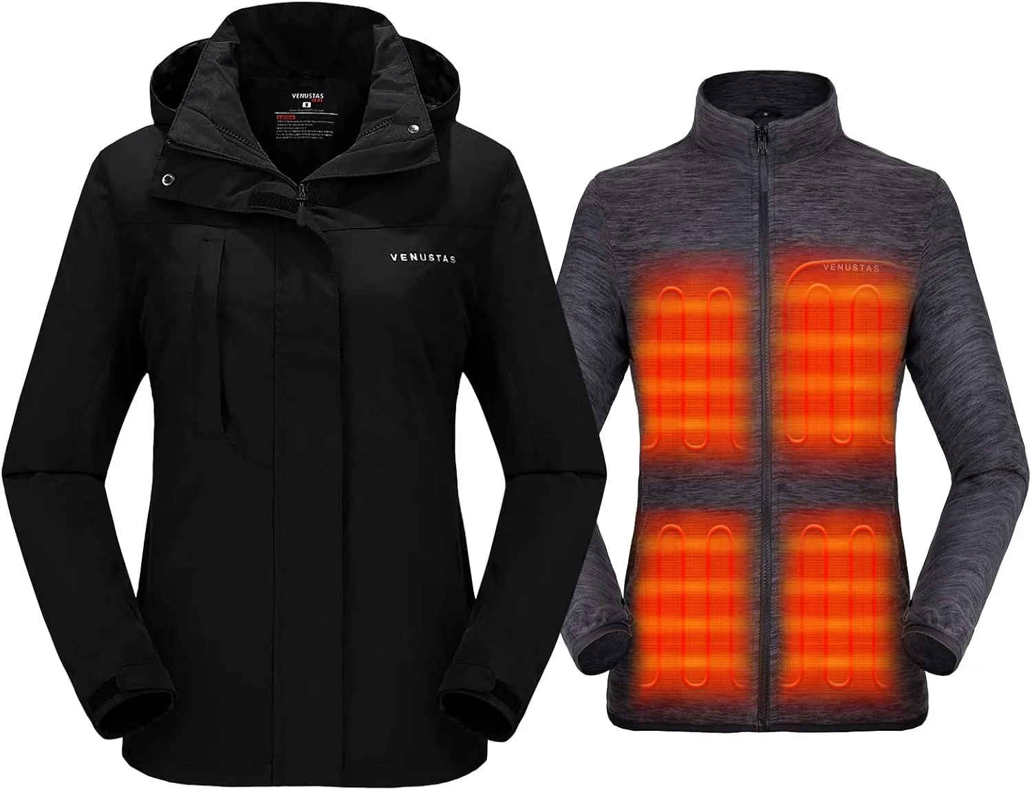 Venustas Womens 3-in-1 Heated Jacket with Battery, Waterproof Jacket with Hood for Skiing