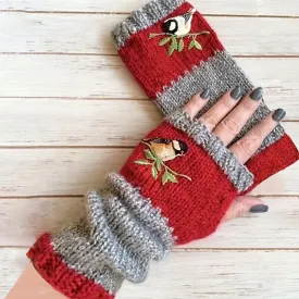 Vintage Bird Embroidered Color Block Half Finger Knit Gloves